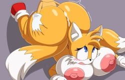 all_fours anthro ass ass_up big_breasts big_butt black_nose blue_eyes blush bodily_fluids breasts butt_grab canid canine classic_sonic closed_eyes clothing cum cum_on_butt duo edit ejaculation female footwear fox fur genital_fluids gloves hand_on_butt handwear hi_res hot_dogging huge_butt male male/female mammal mechspazer miles_prower mouth_closed nipples open_mouth rule_63 sega shoes simple_background size_difference sonic_(series) sonic_the_hedgehog_(series) tails tails_the_fox tailsko yellow_body yellow_fur