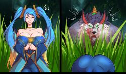 1boy 1girls anthro ass big_ass big_breasts big_butt blue_hair breasts butt closed_eyes clothed_female female fully_clothed huge_ass huge_breasts imminent_rape league_of_legends long_hair monster parvad riot_games smile sona_buvelle twintails warwick werewolf