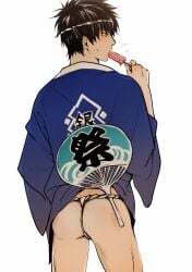 alternate_costume ass black_hair cowboy_shot fan feiqiuxuan food fundoshi gintama hachimaki hand_fan happi hijikata_toshiro japanese_clothes male male_only popsicle profile rear_view solo sweatdrop thong uchiwa