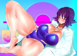 1girls 2022 absurd_res bent_legs big_breasts blush cashumeru female female_only labcoat looking_at_viewer lying lying_on_back medium_hair narrowed_eyes necklace nintendo philena_ivy pokemon pokemon_(anime) purple_hair red_eyes ring_necklace smiling smiling_at_viewer smug solo swimsuit thick_thighs