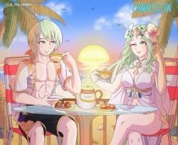 abs beach breasts byleth_(fire_emblem) byleth_(fire_emblem)_(male) couple fire_emblem fire_emblem:_three_houses fire_emblem_heroes flower_in_hair green_eyes green_hair legs legs_crossed loving_gaze peaceful rhea_(fire_emblem) rhea_(summer)_(fire_emblem) seductive_smile sunset twirling_hair winking