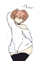 1boy androgynous big_ass big_shirt big_thighs demon demon_boy demon_horns femboy flan_(srnava) horns necklace no_panties no_pants oc penis_under_clothes shirt_only small_penis solo srnava thick thick_ass thick_hips thick_legs thick_thighs white_shirt yellow_eyes