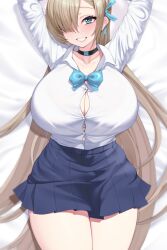 1girls asuna_(blue_archive) blonde_hair blue_archive blue_eyes blush breasts cleavage female grin hair_over_one_eye huge_breasts kuavera long_hair lying_on_back naughty_face school_uniform schoolgirl smile suggestive_look thick_thighs wide_hips