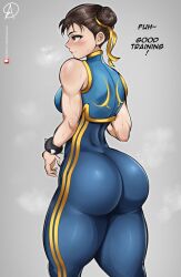 1girls 2022 absurd_res absurdres almualim ass ass_focus big_ass blue_clothing blush blushing bodysuit brown_eyes bubble_ass bubble_butt butt capcom chun-li curvy curvy_body curvy_female curvy_figure curvy_hips female female_focus female_only hair_bun hair_buns hair_ornament hi_res high_resolution highres large_ass large_butt looking_to_the_side pear-shaped_figure pear_shaped round_ass round_butt side_view simple_background small_waist solo solo_female solo_focus spiked_bracelet street_fighter street_fighter_6 street_fighter_alpha street_fighter_alpha_3 street_fighter_v sweat sweaty sweaty_body text thick_ass thick_thighs thighs thunder_thighs tight_clothing toned toned_ass toned_back toned_body toned_female toned_legs viewed_from_behind white_background wide_hips wide_thighs wrist_cuffs yoga_pants