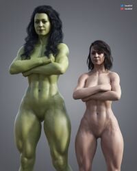 1girls 3d 3d_(artwork) actress alter_ego alternate_form arms_crossed before_and_after black_hair celebrity completely_nude completely_nude_female dual_persona female female_only green-skinned_female green_body green_skin hulk_(series) jennifer_walters light-skinned_female light_skin long_hair marvel marvel_cinematic_universe marvel_comics muscular muscular_female muscular_thighs navel nude nude_female patreon_username pussy real_person realistic she-hulk she-hulk:_attorney_at_law short_hair simple_background solo standing tatiana_maslany tekonsfw thick_thighs thighs toned_stomach twitter_username