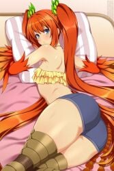 1girls ass bandeau blue_eyes breasts eyebrows_visible_through_hair female fi_(monster_musume) fully_clothed harpy legs_together lindaroze monster_girl monster_musume_no_iru_nichijou monster_musume_no_iru_nichijou_online on_side orange_hair rear_view short_shorts shorts small_breasts solo thick_thighs tiny_breasts twintails