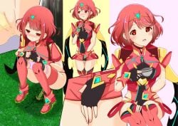 covering_crotch crouching cup drinking hand_on_crotch have_to_pee holding_crotch manga mano_(pixiv) omorashi outside panties peeing peeing_outside pink_hair pink_panties pyra urinating urination urine urine_stream xenoblade_(series) xenoblade_chronicles_2