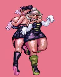 2girls alternate_breast_size big_ass big_breasts big_lips black_hair callie_(splatoon) chubby chubby_female cleavage earrings female female_focus female_only gloves high_heel_boots high_heels highres hoop_earrings hyper hyper_breasts light-skinned_female light_skin long_gloves long_hair looking_at_viewer looking_back marie_(splatoon) mole mole_under_eye mostly_clothed multiple_girls pink_hair plump_lips pointed_ears pointy_ears short_hair silver_hair splatoon syllabunne symbol-shaped_pupils tentacle_hair thick_thighs twintails white_hair yellow_eyes