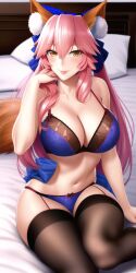 1girls adult_female ai_generated anime_lingerie black_socks blue_lingerie breasts closed_mouth cushions fate_(series) female female_only fox_ears fox_girl hand_on_bed hand_on_hair huge_bra huge_breasts in_bed lingerie long_hair long_socks looking_at_viewer nai_diffusion pale-skinned_female pink_hair pink_lipstick sitting sitting_on_bed smile smiling smiling_at_viewer solo_female solo_focus stable_diffusion tamamo_no_mae_(fate) white_bed_sheet yellow_eyes