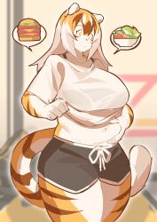 1girls arknights aspirindabaitu ass big_breasts breasts burger chubby female furry holding_belly huge_ass large_breasts long_hair mx99926 navel plump salad thick_thighs tiger tiger_ears tiger_girl tiger_print tiger_tail waai_fu_(arknights) wide_hips