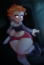 1boy belly_button femboy friday_night_funkin ginger_hair hips hypnos_lullaby knife lips long_sleeves lullaby_pico male male_only midriff newgrounds nnenyov one_leg_up pico's_school pico_(newgrounds) short_shirt sweat thick_thighs white_eyes white_socks wide_hips