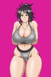 alternate_version_available arms_behind_back big_breasts black_hair bra cleavage female female_only grey_bra grey_panties highleg_panties kengan_(series) kengan_omega large_breasts long_hair panties pink_background ponytail shiina_alisa sirdoggo solo sports_bra thick_thighs underwear wide_hips