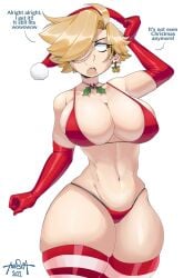 1girls anor3xia barely_contained bikini blonde_female blonde_hair bursting_breasts busty christmas christmas_clothing christmas_outfit cleavage earrings female female_only hourglass_figure no_pupils oc original overflowing_breasts overflowing_thighs panties santa_hat short_hair solo tagme text white_background