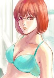 51kengang auburn_hair blue_bra bob_cut bra cleavage female female_only kengan_(series) kengan_ashura kushida_rin looking_at_viewer medium_breasts parted_lips red_eyes red_hair short_hair solo upper_body