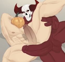 balls bara big_balls big_penis boner demon erection halloween horns male male_only muscles muscular nalnahi1 penis pumpkin pumpkin_head skull skull_head spread_legs