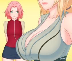 2girls blonde_hair breast_envy breast_size_difference breasts daemonhx female female_only jealous large_breasts multiple_girls naruto naruto_(series) naruto_shippuden pink_hair sakura_haruno teacher_and_student tsunade