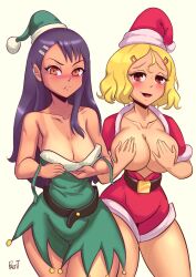 2girls angry big_breasts black_hair blonde_hair blush breast_envy breast_size_difference breasts breasts_out brown_eyes christmas christmas_clothing clevage clothed clothing covered_nipples covering_breasts curvy earrings envy female female_only hayase_nagatoro hi_res highres jealous long_hair looking_at_viewer medium_hair partially_clothed please_don't_bully_me,_nagatoro profit revealing_clothes sakura_(nagatoro) santa_hat simple_background small_breasts smile tan tan-skinned_female tan_body tan_skin tanline tanned tanned_female watermark wide_hips