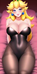 1girls ai_generated alluring anime_lingerie blonde_hair blue_earrings blue_eyes breasts crown cushion female female_only hands_behind_back huge_thighs large_breasts large_thighs leotard long_hair mario_(series) nai_diffusion nintendo pale-skinned_female pink_bed_sheet pink_lipstick princess princess_peach solo_female solo_focus stable_diffusion thick_body thick_thighs thighband_pantyhose voluptuouspantyhose