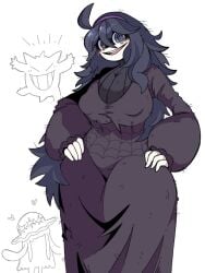 1girls creepy_smile female gengar hands_on_hips hex_maniac huge_nipples large_areolae large_breasts looking_at_viewer messy_hair nipple_bulge osakana2gou pokemon sketch solo thick_thighs wide_hips