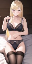 1girls ai_generated anime_lingerie arms_up big_breasts black_socks blonde_hair breasts closed_mouth dark_blue_lingerie hand_on_arm hand_on_belly in_bed kitagawa_marin lingerie long_hair long_socks nai_diffusion on_knees pale-skinned_female purple_eyes slim slim_waist smile sono_bisque_doll_wa_koi_wo_suru stable_diffusion straight_hair thighhighs white_bed_sheet wood_wall