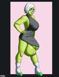 1futa 2022 balls black_sweater bob_cut bottomless breasts cheelai clothed clothing dragon_ball eyeshadow flaccid futa_only futanari gigantic_butt goth green_skin huge_cock humanoid humanoid_penis hyper_balls hyper_testicles oversized_balls partially_clothed penis penis_under_sweater short_hair sideboob solo standing sweater syntheticpotato virgin_killer_sweater white_hair