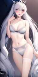 1girls ai_generated anime_lingerie big_breasts breasts crown female female_only hand_on_arm lingerie looking_at_viewer nai_diffusion pale-skinned_female pink_lipstick rwby simple_background skinny_girl skinny_waist solo stable_diffusion tagme thighhighs very_long_hair weiss_schnee white_hair white_lingerie