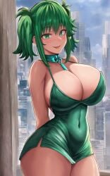 ai_generated arms_behind_back blush breasts collar dress female_deku green_eyes green_hair izuku_midoriya large_breasts lipstick merukuma my_hero_academia rule_63 stable_diffusion tagme thick_thighs twintails wide_hips