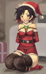 1girls arms_tied_behind_back bit_gag bondage bound_legs candy_cane christmas christmas_outfit crotch_rope dankestofdans female female_only gag gagged grey_eyes looking_at_viewer ruby_rose rwby santa_hat solo two_tone_hair