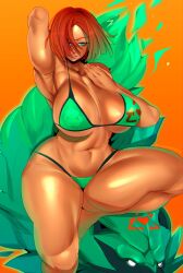 1girls 2022 aqua_eyes arm_behind_head bent_leg big_breasts bikini brazilian brazilian_female cashumeru dark-skinned_female dark_skin female female_only giovanna_(guilty_gear) guilty_gear guilty_gear_strive hand_on_chest looking_at_viewer medium_hair narrowed_eyes orange_background red_hair rei_(guilty_gear) solo standing_on_one_leg tan tan_body tan_skin thick_thighs very_high_resolution wide_hips