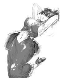 armpits arms_up big_breasts cleavage dress female female_only frills hands_behind_head high_heels ianmo218 kengan_(series) kengan_omega leaning_back looking_at_viewer monochrome navel navel_cutout nipple_bulge parted_lips ponytail shiina_alisa sideboob wide_hips