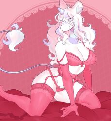 1girls 2019 anthro blush bra breasts color digital_drawing_(artwork) digital_media_(artwork) female female_only furry garter_belt garter_straps large_breasts legwear lingerie long_hair looking_at_viewer oc on_bed original original_character red_lingerie sheets simple_background smile stockings strap_slip sylvie_(vontecristo) tail text thighhighs unicorn vontecristo white_fur ych ych_result