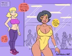 2girls alex_(totally_spies) amber_eyes big_breasts black_hair blonde_female blonde_hair blue_eyes bowl_cut breasts cameltoe clothed clothed_female clothing crossover dark-skinned_female dark_skin dialogue female flossing gym human inspector_gadget leotard light-skinned_female mirror mirror_reflection multiple_characters nipple_bulge nipples pale_skin penny_gadget png revealing_outfit samson_00 shaking_hips short_hair smooth_skin sportswear thighs totally_spies training training_room voluptuous voluptuous_female workout_clothes wristwear yellow_leotard