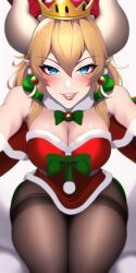 1girls adult_female ai_generated anime_lingerie arms_up black_socks blonde_hair blue_eyes bowsette breasts christmas crown earrings female female_only fictional_character front_view horns huge_breasts long_hair long_socks looking_at_viewer mario_(series) nai_diffusion new_super_mario_bros._u_deluxe nintendo open_mouth pink_lipstick santa_dress santa_hat santa_suit seductive_smile showing_teeth smile solo_female solo_focus stable_diffusion thick_thighs white_background white_bed_sheet