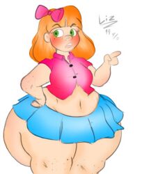 1girls aged_up big_ass big_butt chubby elizabeth_afton elizabeth_afton_(fnaf) female female_only five_nights_at_freddy's freckles green_eyes huge_ass huge_butt open_mouth pink_bow pointing small_clothes solo solo_female thick_thighs