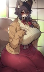 animal_ears anthro bedroom_eyes big_ass big_breasts blush brown_fur fur half-closed_eyes hand_on_breast large_ass large_breasts looking_at_viewer on_knees red_eyes suurin_(ksyaro) sweater thick_thighs voluptuous wide_hips