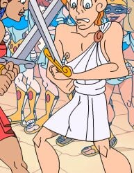 1boy 5girls dboy erection femdom hercules_(character) hercules_(disney) long_hair mask orange_hair sword