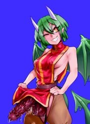 1futa balls barbed_penis big_balls big_breasts big_penis blue_background breasts clothed clothing color draco_centauros dragon_girl dragon_penis dragon_tail dragon_wings erection eye_closed futa_only futanari green_hair horns humanoid light-skinned_futanari light_skin looking_up masturbation mostly_clothed panzermeido penis puyo_puyo secunduspublius sideboob simple_background smile solo solo_futa