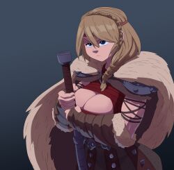 1girls armor armored astrid_hofferson axe big_breasts blonde_hair blue_eyes boob_window braid braided_hair braided_ponytail breasts cleavage cleavage_cutout cleavage_window coolerinker curvaceous curvy curvy_body curvy_female curvy_figure dreamworks female female_focus female_only hair_braid hairband holding_weapon hourglass_figure how_to_train_your_dragon inker_comics inkershike light-skinned_female light_skin long_hair no_sleeves_shirt non-nude ponytail red_clothing red_shirt shoulder_pads simple_background solo solo_female viking voluptuous voluptuous_female weapon white_skin