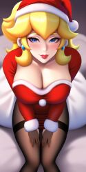 1girls ai_generated anime_lingerie big_breasts blonde_hair blue_earrings blue_eyes breasts cleavage cushion female female_only front_view hands_on_thighs hi_res huge_breasts in_bed legs_apart long_hair mario_(series) nai_diffusion nintendo pale-skinned_female pantyhose princess princess_peach red_lipstick santa_dress santa_hat simple_background sitting sitting_on_bed smile smiley_face smiling_at_viewer solo_focus stable_diffusion thick_thighs thighband_pantyhose video_game_character white_bed_sheet yellow_eyebrows