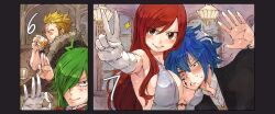 3boys alcohol asymmetrical_bangs asymmetrical_hair bangs blonde_hair blue_hair blush breasts brown_eyes cleavage closed_eyes clothing couple drink duo elbow_gloves erza_scarlet fairy_tail female freed_justine gloves green_hair group hand_on_head head_in_breasts head_on_chest jellal_fernandes large_breasts laxus_dreyar light-skinned light-skinned_female long_hair looking_at_viewer male mole multiple_boys new_year one_eye_closed one_eye_covered panels peek-a-boo_bang quartet red_hair rusky scar short_hair side_bangs side_view smile tattoo v white_gloves white_handwear