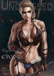 assassin's_creed_(series) assassin's_creed_valhalla axe bare_midriff blonde_hair blue_eyes bow braid braided_hair braided_ponytail breasts cameltoe child_bearing_hips cleavage dandon_fuga eivor_varinsdottir looking_at_viewer magazine_cover medium_breasts ragged_clothing scars solo solo_female thick_thighs toned toned_female torn_clothes ubisoft viking viking_female weapons wide_hips