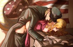 1boy 1girls american_flag blonde_hair blue_eyes breasts clothed_sex diego_brando doggy_style female funny_valentine genderswap genderswap_(mtf) jojo's_bizarre_adventure makeup male nipples pubic_hair rule_63 steel_ball_run tail uniform vaginal_penetration