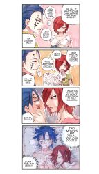 1boy 1girls alternate_hairstyle blue_hair blush blush_lines blushing brown_eyes comic couple english english_text erza_scarlet face_markings fairy_tail female hair_over_eye hair_over_one_eye high_resolution implied_sex jellal_fernandes lying_on_back lying_on_bed male panels pregnant red_hair rusky short_hair sleeping sleeping_nude sleeping_together sparkles sparkling_eyes speech_bubble sweat sweatdrop sweating text text_bubble