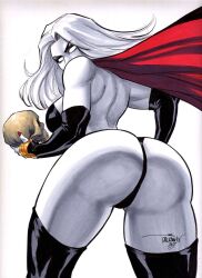 1girls big_ass bubble_butt chaos_comics coffin_comics death_(personification) female_focus female_only grim_reaper high_resolution lady_death latex_thighhighs long_hair looking_at_viewer looking_back queen_of_the_dead scott_dalrymple skull tagme voluptuous_female white_body white_hair white_sclera