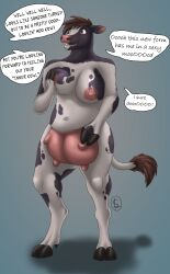 absurd_res after_transformation anthro big_breasts bovid bovine breasts brown_hair cattle cloven_hooves dialogue female fingers fur hair hi_res hooved_fingers hooves mammal nipples nude solo speech_bubble sunderlovely tail_tuft teats tuft udders white_body white_fur