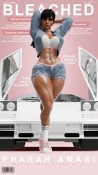 1girls 3d 9:16 abs bleached bleached_clothing dark-skinned_female dark_skin grvty3d hourglass_figure lamborghini lamborghini_countach magazine_cover muscular muscular_female overwatch pharah photo