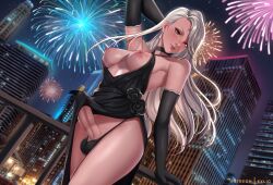 1futa 2022 areolae balls big_breasts big_penis black_gloves breasts clothed clothing dress elbow_gloves erection erection_under_clothes exlic fireworks futa_only futanari gloves human large_breasts light-skinned_futanari light_skin long_gloves long_hair looking_at_viewer low-angle_view new_year nipples partially_clothed penis persona persona_5 sae_niijima solo standing tenting testicles thick_thighs wide_hips