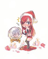 black_eyes blue_hair blush candle christmas christmas_outfit clothing crystal_ball embarrassed erza_scarlet fairy_tail female female flower gloves hat headwear jellal_fernandes long_hair rboz red_hair rusky santa_costume santa_hat short_hair shorts tattoo thighhighs