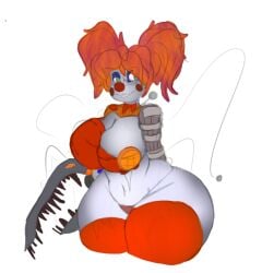 baby_(fnafsl) big_thighs blue_eyeshadow circus_baby circus_baby_(fnaf) clown five_nights_at_freddy's revealing_breasts scrap_baby scrap_baby_(fnaf) smiling thigh_highs thin_panties twintails