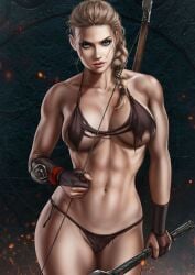 assassin's_creed_(series) assassin's_creed_valhalla axe bare_midriff blonde_hair blue_eyes bow braid braided_hair braided_ponytail breasts cameltoe child_bearing_hips cleavage dandon_fuga eivor_varinsdottir looking_at_viewer medium_breasts ragged_clothing scars solo solo_female thick_thighs toned toned_female torn_clothes ubisoft viking viking_female weapons wide_hips